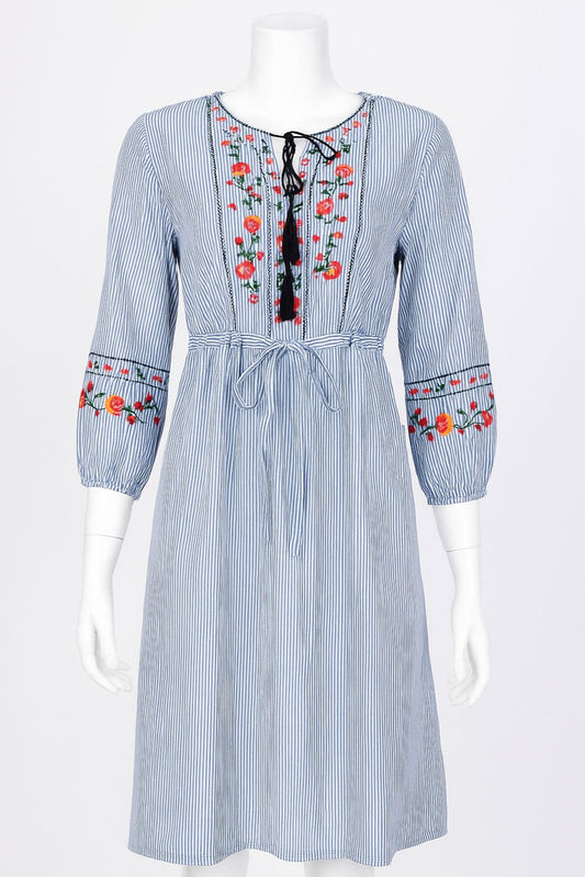 Long embroidery blue striped dress.
