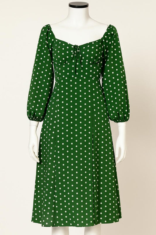 Polka dot full sleeves green dress