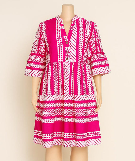 Pink and white vibrant geometric tunic dress